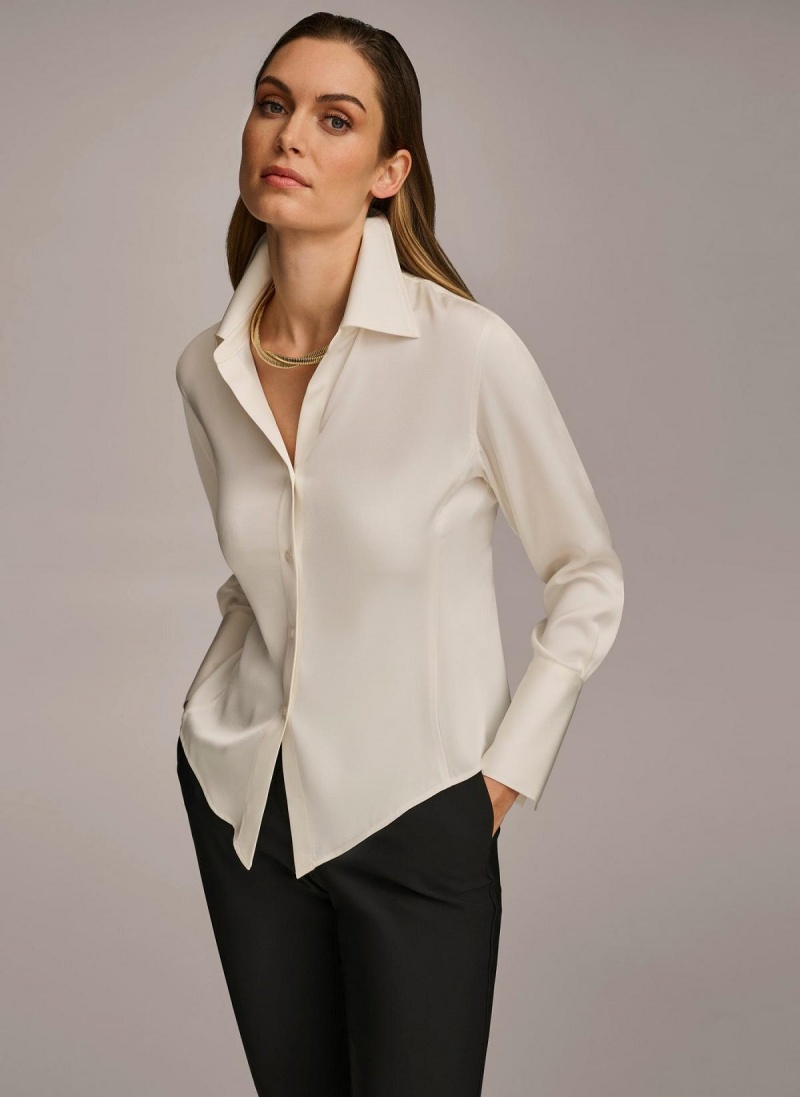 Donna Karan Collared Button Down Blouse Sweaters and Tops Krém | Hungary_DK28260