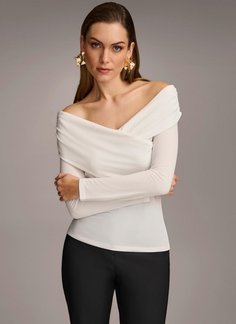 Donna Karan Off Shoulder Wrap Sweaters and Tops Krém | Hungary_DK11132