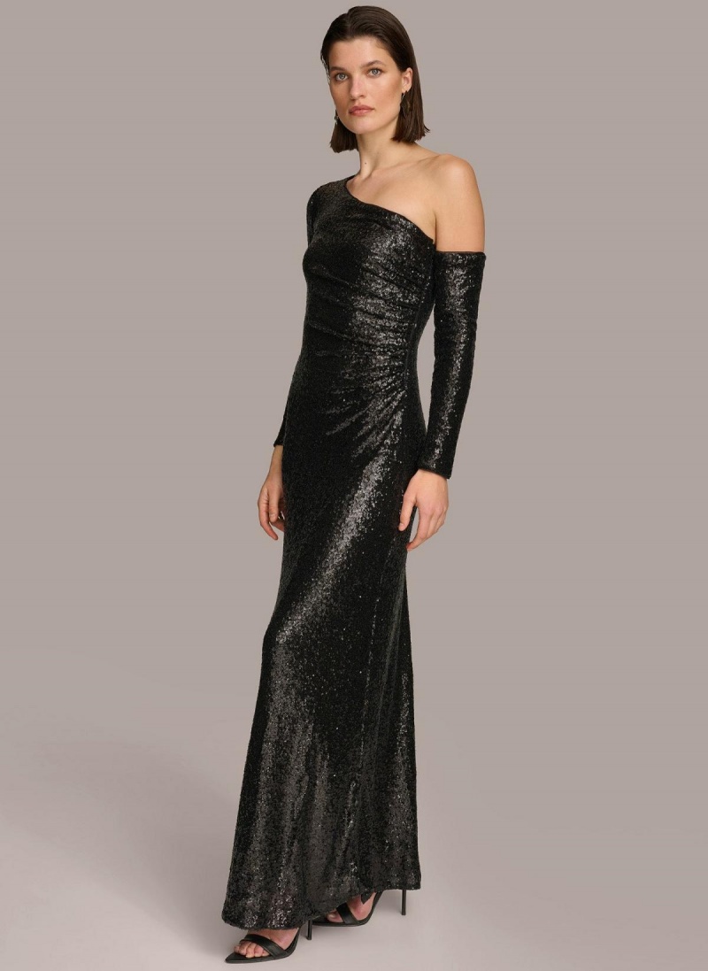 Donna Karan One Shoulder Sequin Ruha Fekete | Hungary_DK57850