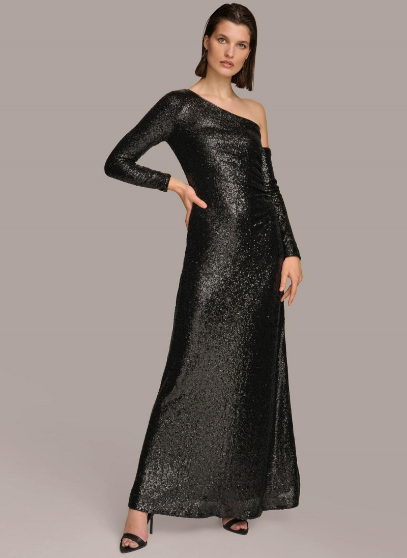 Donna Karan One Shoulder Sequin Ruha Fekete | Hungary_DK57850