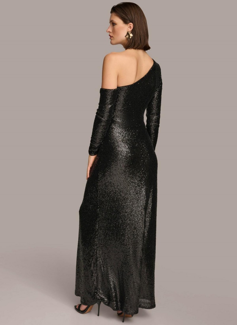 Donna Karan One Shoulder Sequin Ruha Fekete | Hungary_DK57850