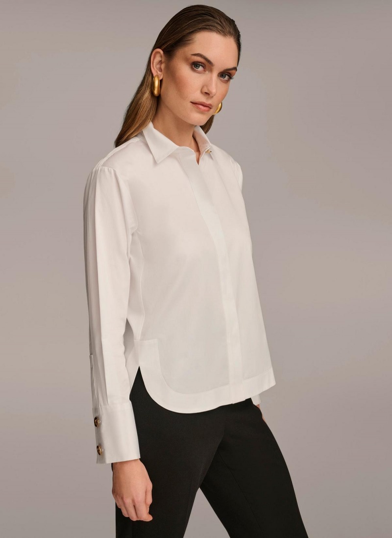 Donna Karan Pamut Collared Button Down Sweaters and Tops Fehér | Hungary_DK21147