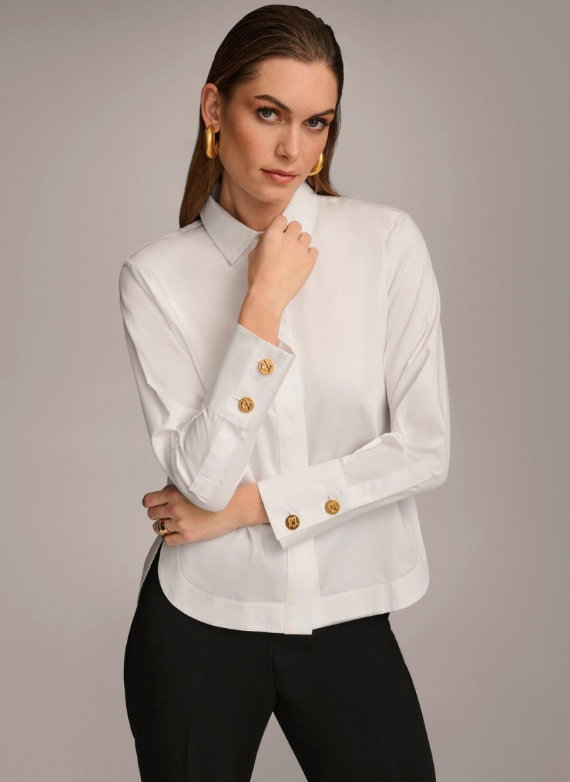 Donna Karan Pamut Collared Button Down Sweaters and Tops Fehér | Hungary_DK21147