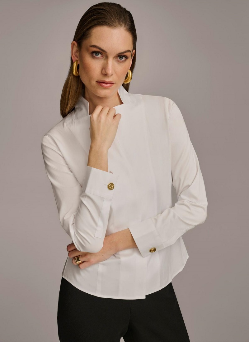 Donna Karan Pamut Notch Collar Button Down Sweaters and Tops Fehér | Hungary_DK85073