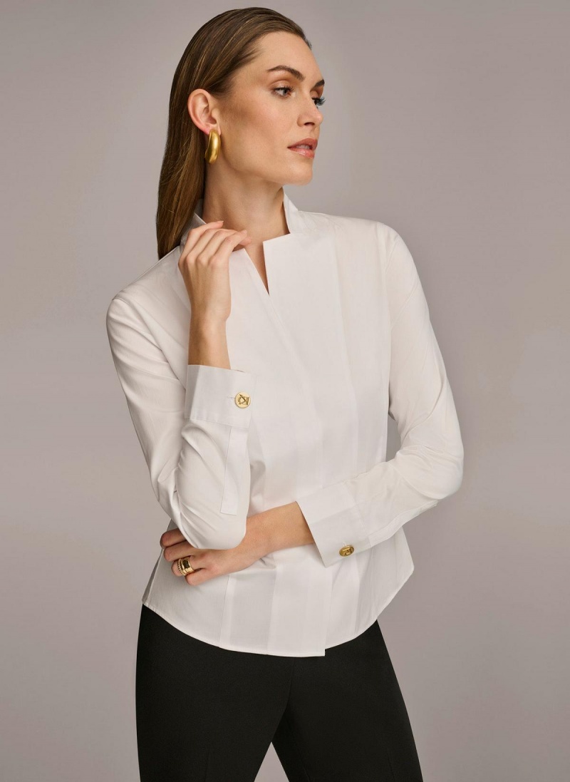 Donna Karan Pamut Notch Collar Button Down Sweaters and Tops Fehér | Hungary_DK85073