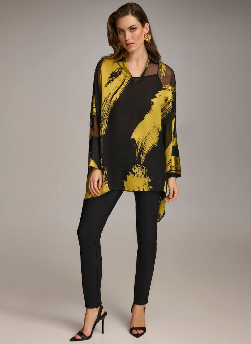 Donna Karan Print Collared Tunic Sweaters and Tops Fekete | Hungary_DK46427