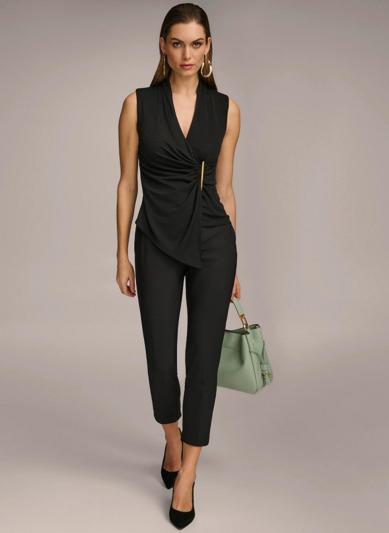 Donna Karan V-neck With Hardware And Ruched Detail Sweaters and Tops Fekete | Hungary_DK24772