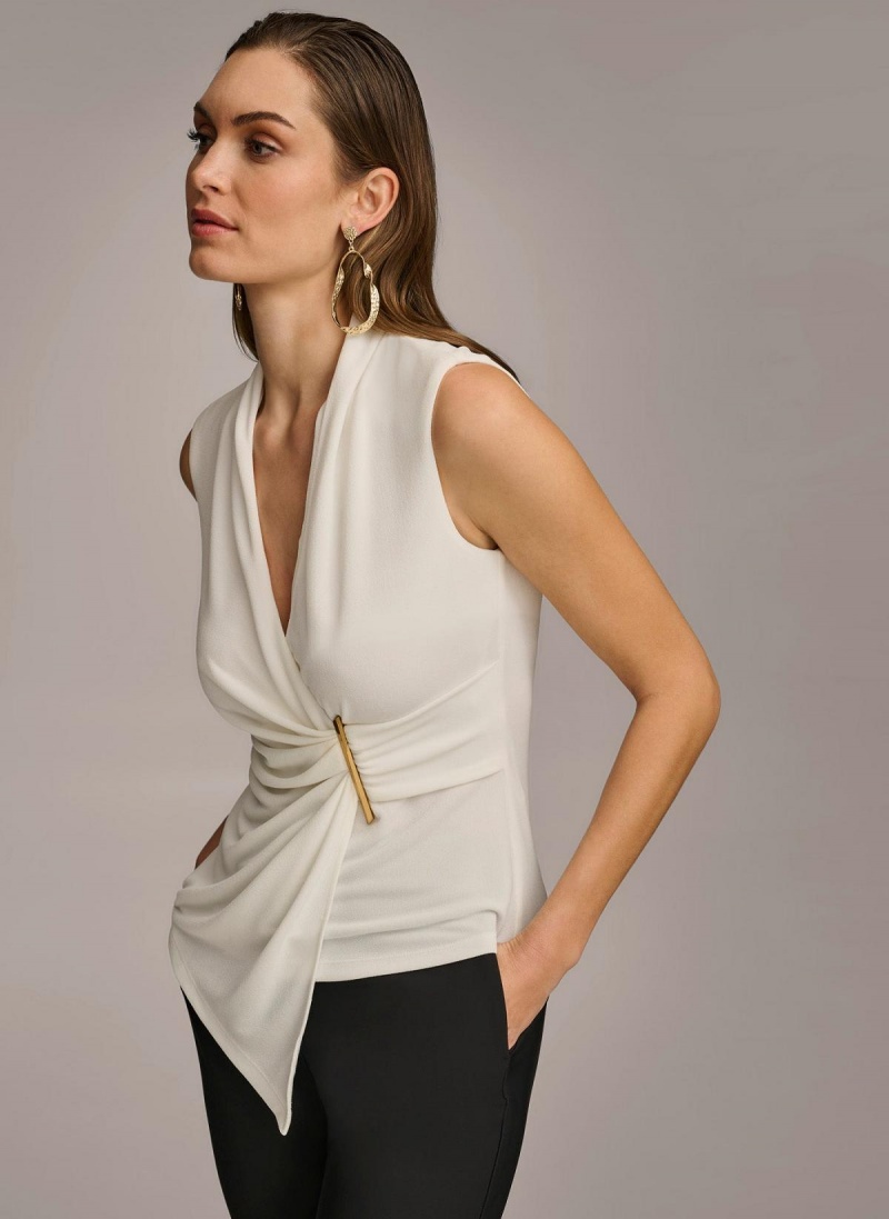 Donna Karan V-neck With Hardware And Ruched Detail Sweaters and Tops Krém | Hungary_DK44251